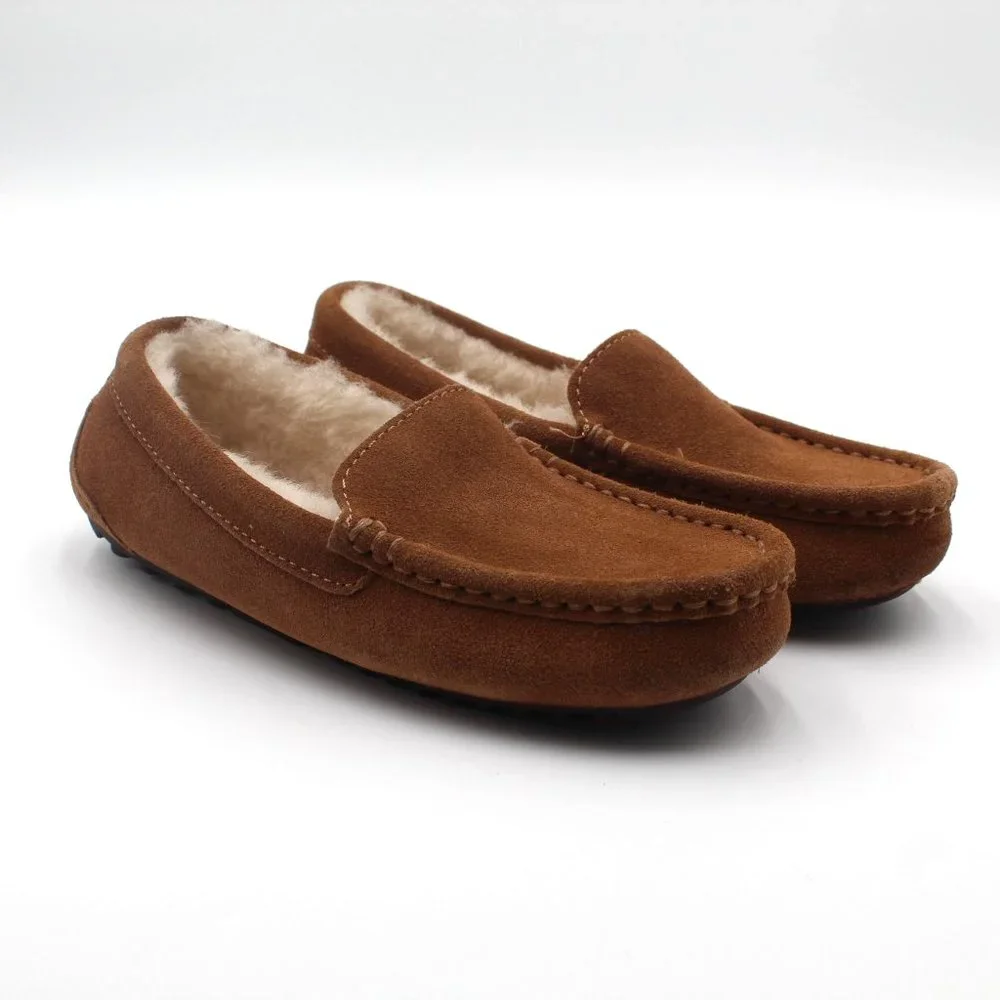 Kids Deluxe By Dearfoams Seude Genuine Shearling Slippers Moccasin Size 1 EUC